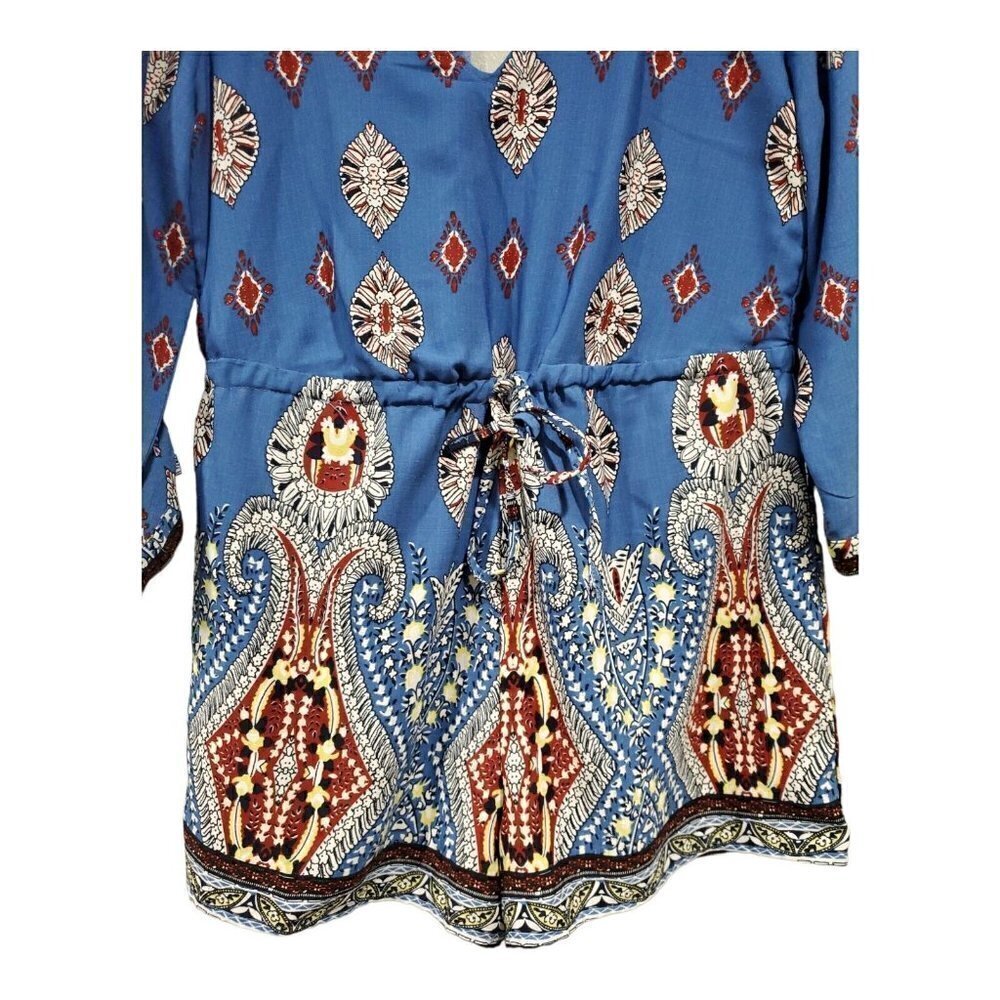 Xteran Women's 3/4 Roll Sleeve Blue Paisley Romper V-Neck Keyhole Back Sz L - Picture 4 of 12